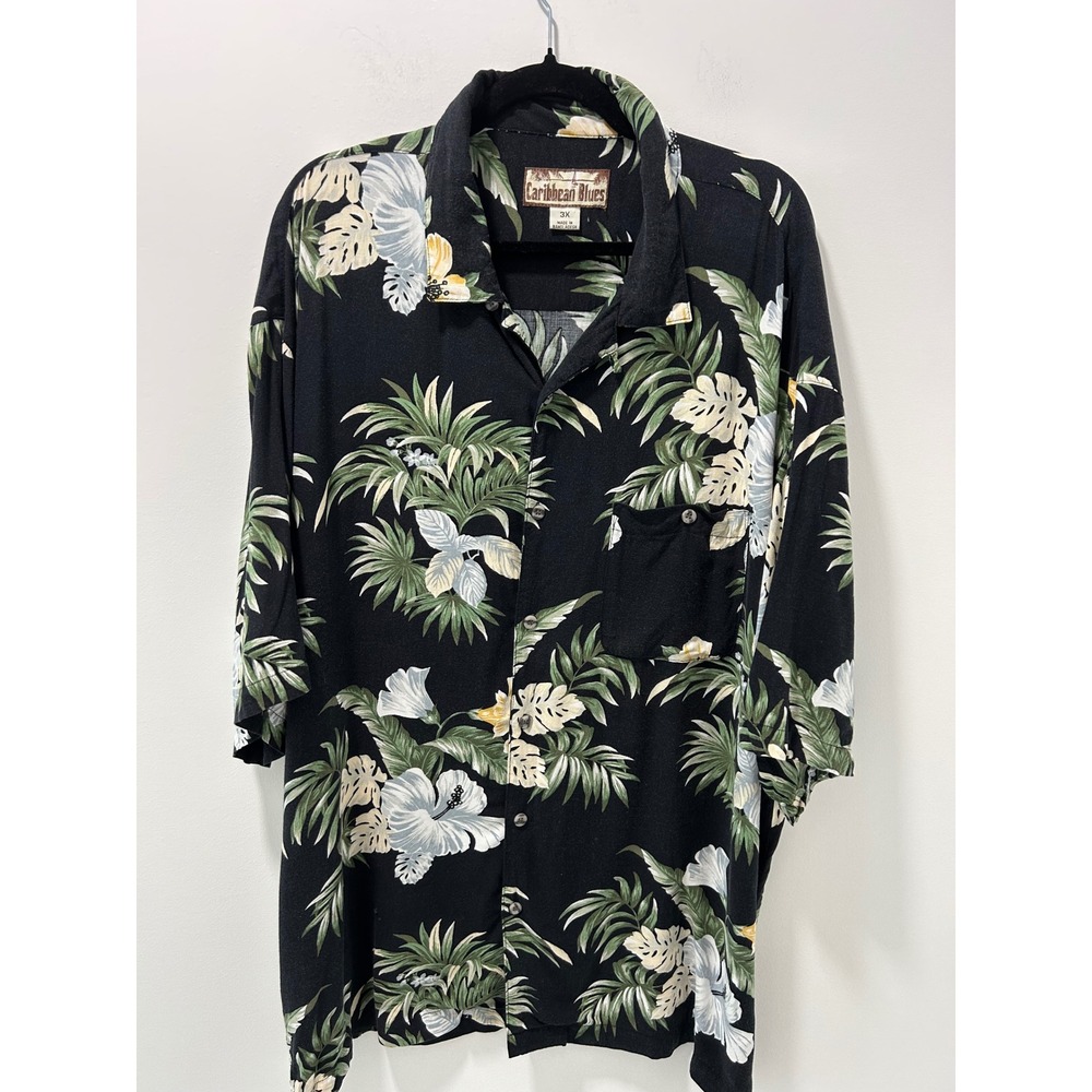 Caribbean Blues Mens 3X Black Tropical Hibiscus Palm Print Camp Shirt SS